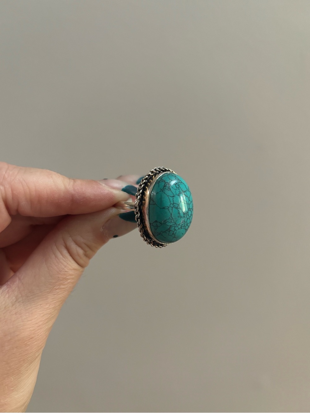 Silver Tone Oval Turquoise Ornate Ring